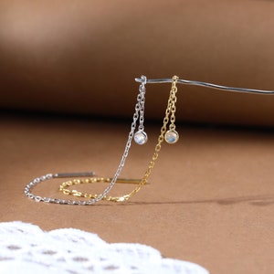 Sterling Silver Moonstone Threader Earring • 925 Silver Bezel Setting Chain Earring • Chain Dangle Ear Line • Pull Through Chain Piercing
