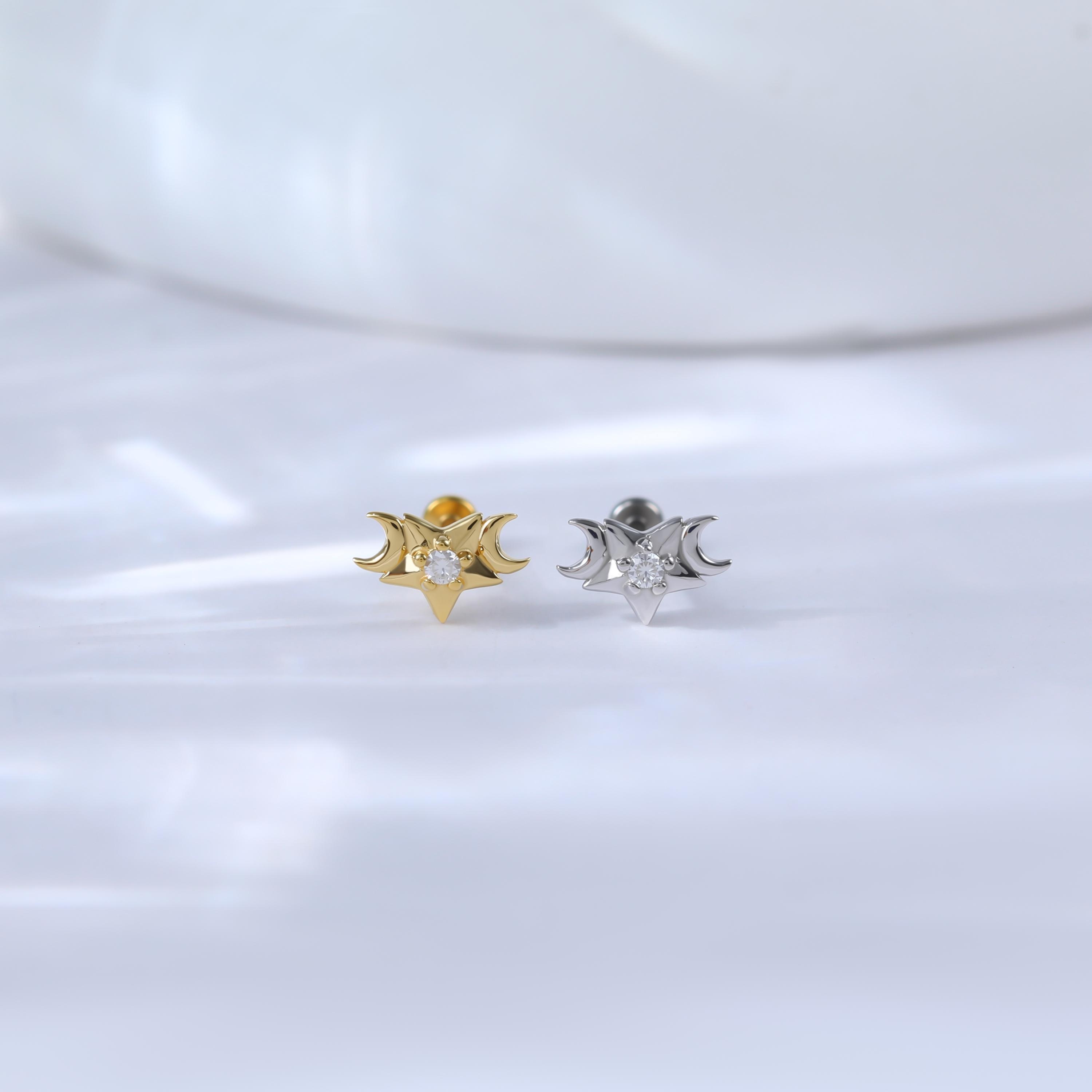 14K Gold Plated Moon & Star Push Back Stud • Sterling Silver Moissanite Conch Threadless Piercing • Gold Celestial Helix Cartilage Flat Back