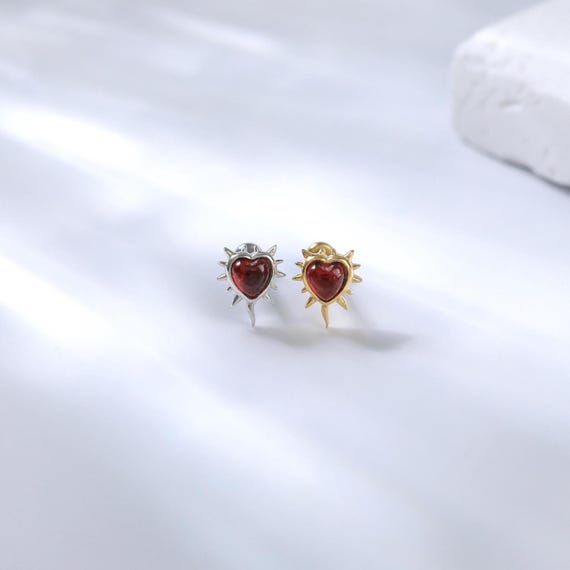 14K Gold Plated Garnet Heart Shaped Earring • Sterling Silver Love Heart Cartilage Flat Back Stud • Cartilage Helix Earlobe Conch Piercing