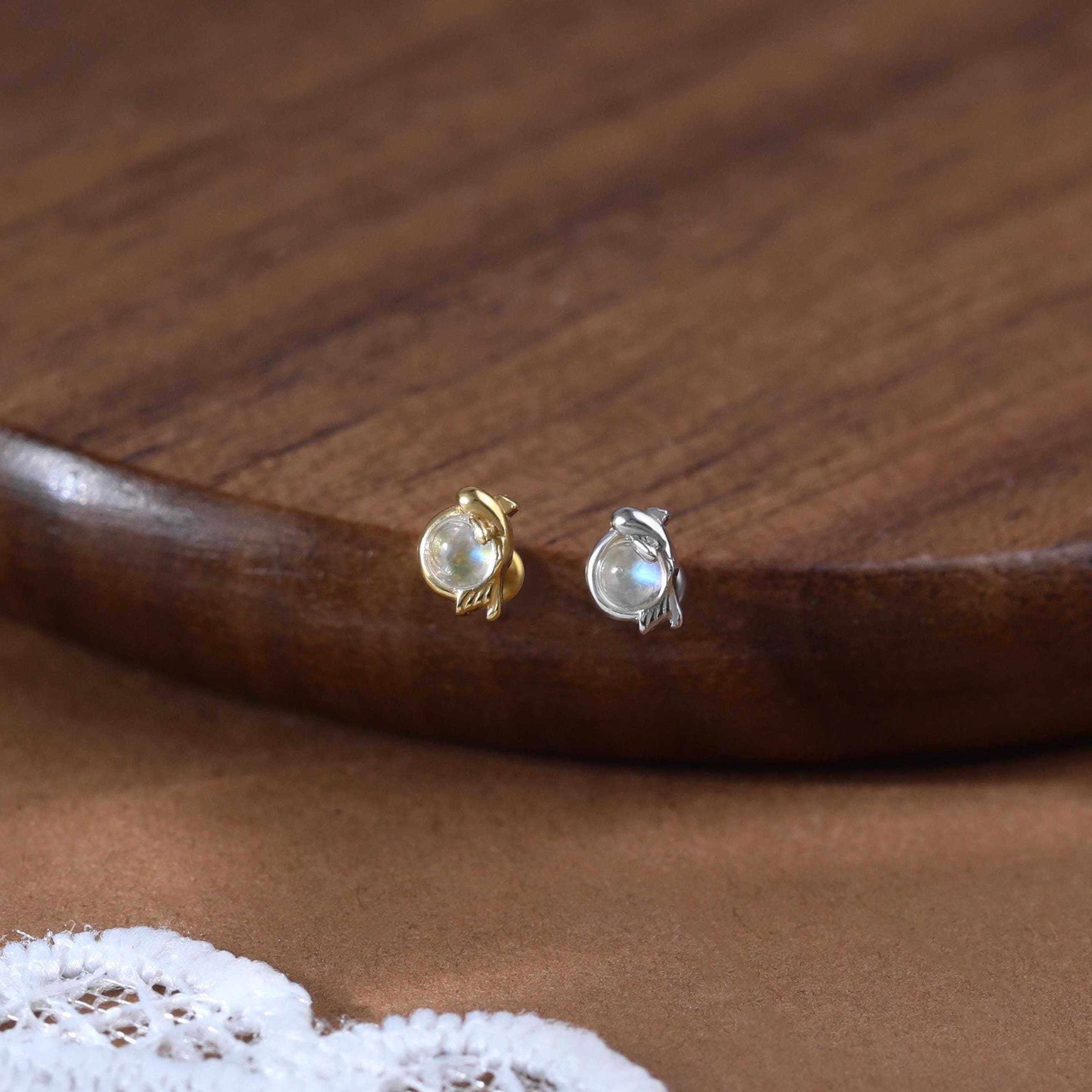 Sterling Silver Moonstone Koi Threadless Push Pin • 925 Silver Fish Helix Conch Cartilage Earring • Blue Moonstone Tragus Flat Back Piercing