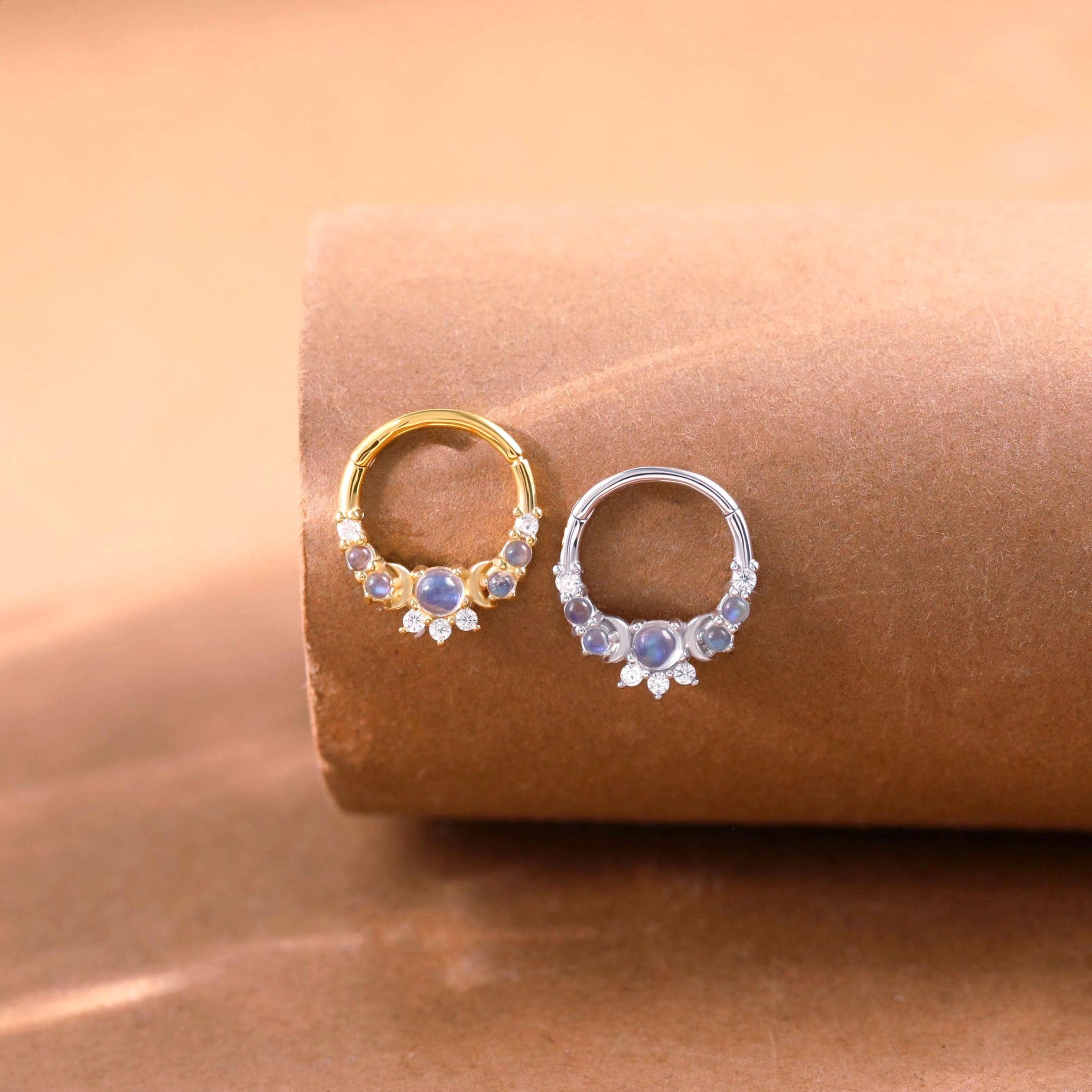 Moonstone Crescent Moon Hoop Earring • 925 Silver Moissanite Nose