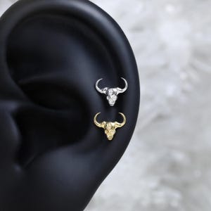 May include: Two stud earrings, one silver and one gold, each featuring a bull skull design. The earrings are displayed on a black surface, showcasing their intricate details and contrasting colors. The bull skull design adds a unique touch.