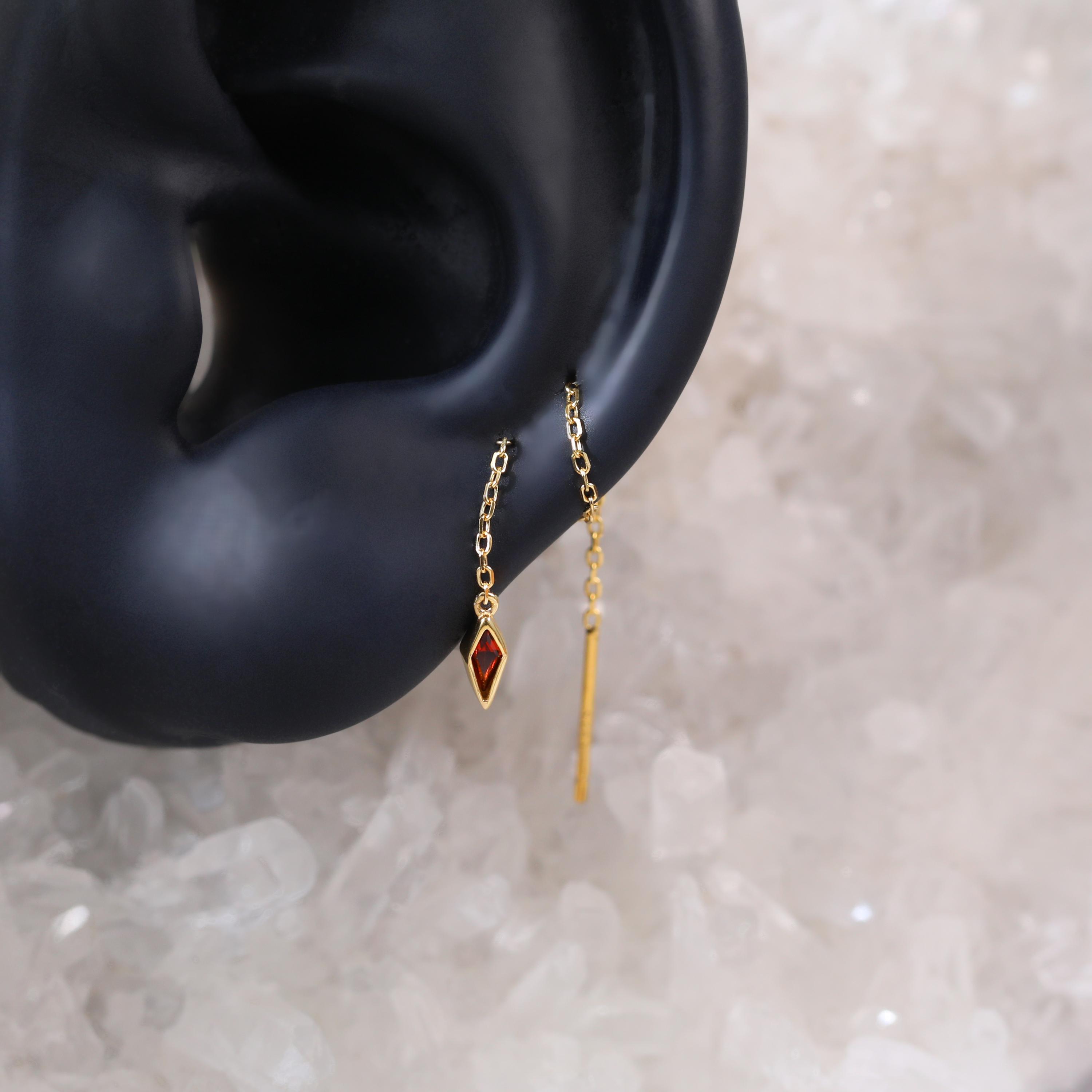 Kite Shape Garnet Threader Earring • 925 Silver Dangle Chain Stud ...