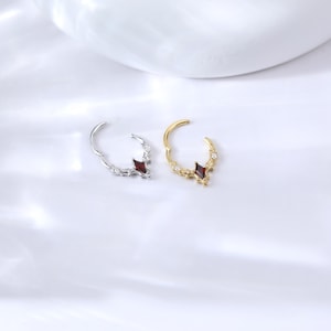 May include: Two crescent-shaped nose rings, one silver and one gold, each featuring a central red gemstone and delicate embellishments. The silver ring has a series of small, clear stones, while the gold ring has a similar design with clear stones.