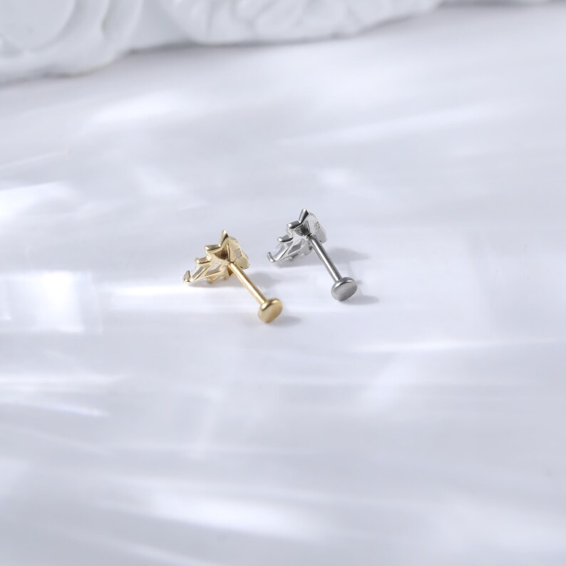 Puede incluir: Dos piercings para labios. Uno es dorado, el otro plateado. Cada uno presenta un peque&ntilde;o dise&ntilde;o en forma de hoja en la parte superior. Los piercings se muestran sobre una superficie blanca, con sombras suaves.