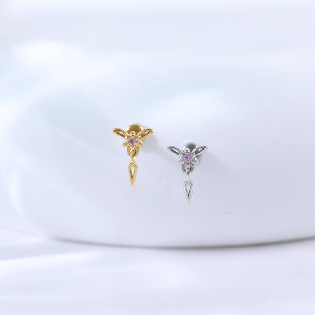 Pink Sapphire Rabbit Hollow Stud Earring • 925 Silver Gemstone Threadless Push Pin • Dangle Cartilage Helix Lobe Piercing • Animal Jewelry - Etsy Japan