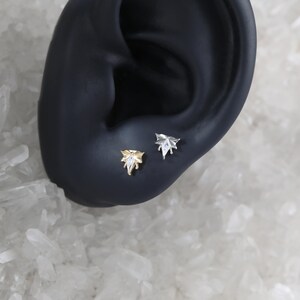 Puede incluir: Dos peque&ntilde;os pendientes de bot&oacute;n con forma de hoja. Un pendiente es dorado con una piedra central transparente y brillante, y el otro es plateado con una piedra transparente similar. Los pendientes se muestran sobre una superficie oscura.