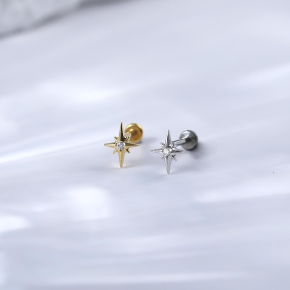 Sterling Silver Dainty Star Flat Back Earring • 925 Silver Diamond Helix Conch Tragus Piercing • Gemstone Earlobe Push Back Threadless Stud