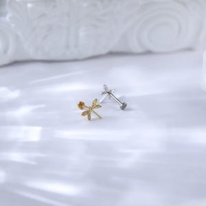 Pu&ograve; includere: Due piccoli orecchini, uno con un design a libellula e l'altro con un semplice perno. Entrambi gli orecchini sono di colore argento.