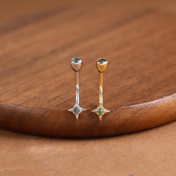 Sterling Silver Moss Agate Star Rook Earring • 925 Silver Gemstone Eyebrow Ring • Curved Barbell Belly Ring • Internal Threaded Jewelry 16G