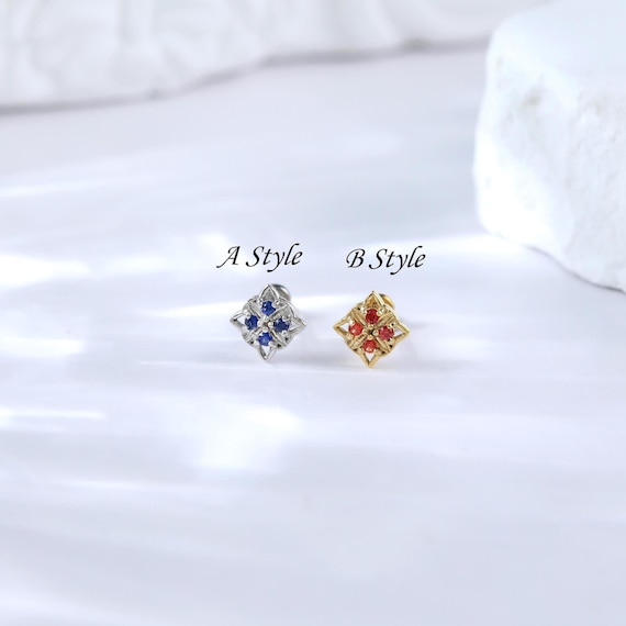 Sterling Silver Star Orange Sapphire Threadless Push Pin • 925 Silver Sapphire Helix Conch Stud Earring • Star Flat Back Tragus Piercing