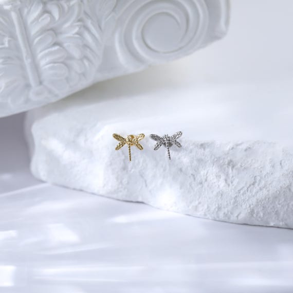 Gold Plated Dainty Dragonfly Conch Threadless Earring • 925 Silver Helix Cartilage Push Back Stud • Dragonfly Tragus Flat Back Piercing