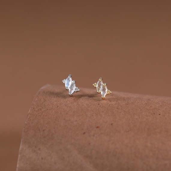 Sterling Silver Marquise Labradorite Stud Earring • 925 Silver Cartilage Threadless Push Pin • Gemstone Helix Lobe Conch Flat Back Jewelry