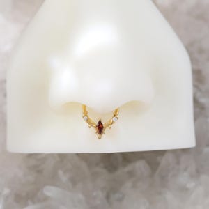 May include: Gold septum ring with a central, reddish-brown gemstone and small, clear accent stones. The ring has an ornate, decorative design. The jewelry is shown on a white nose form.