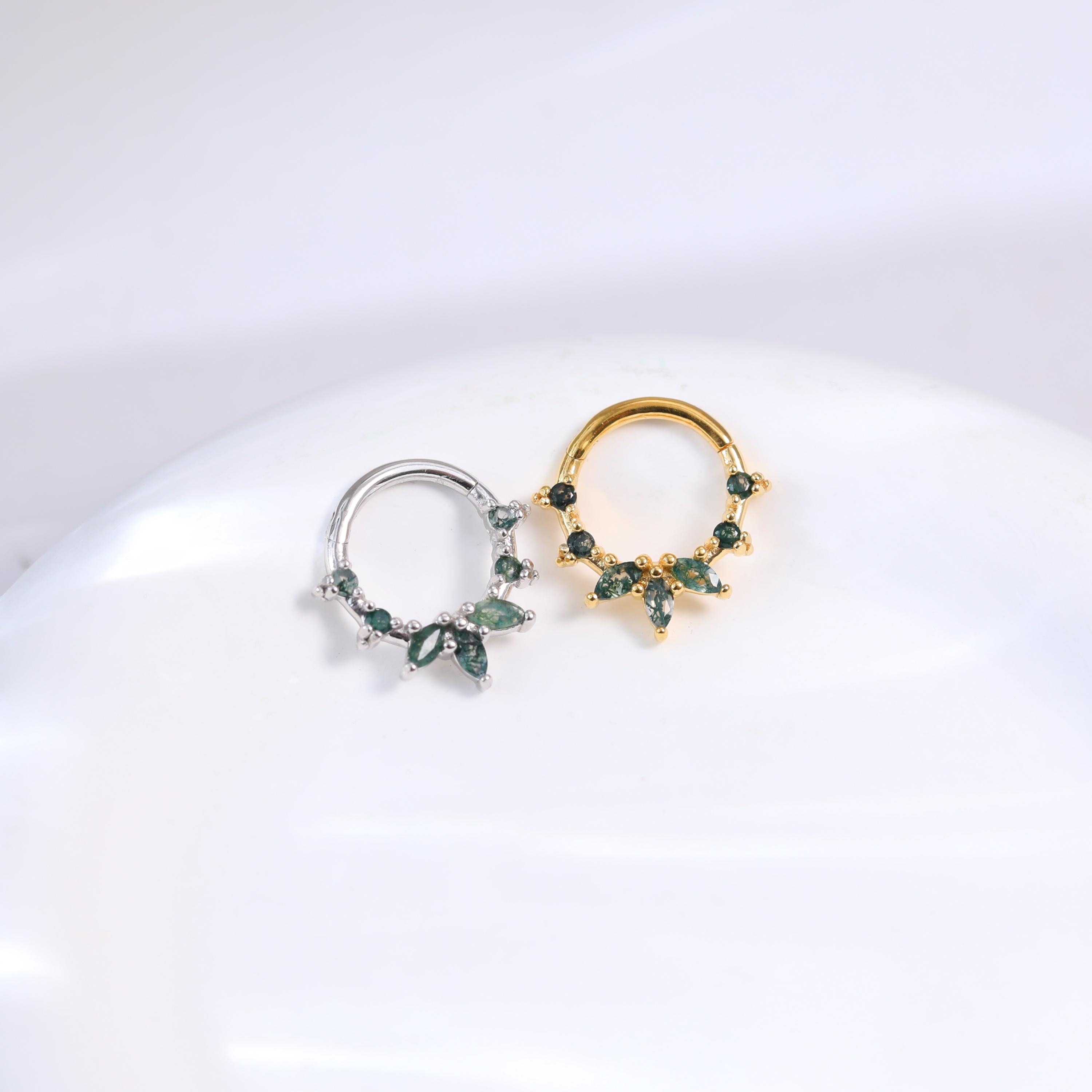 Moss Agate Leaf Shape Hoop Earring • Dainty Gemstone Floral Septum Ring • 925 Silver Flower Nose Ring • 14K Gold Plated Daith Clicker Hoop