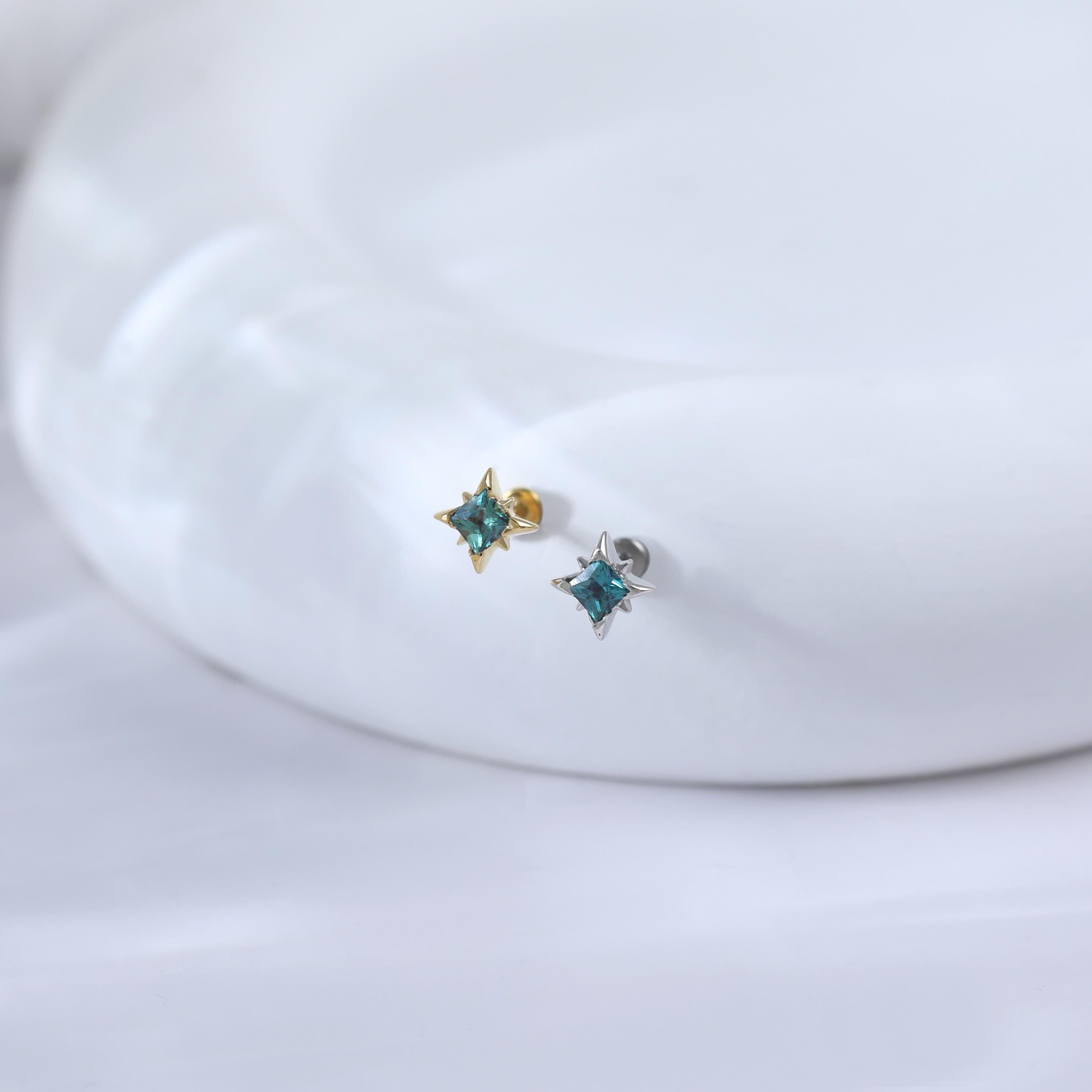 Gold Plated Alexandrite Star Helix Flat Back Earring • Sterling Silver Conch Tragus Cartilage Stud • 14K Celestial Nose Threadless Push Pin