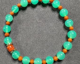 Natural High-Transparency Australian Chrysoprase Nanhong Carnelian Bracelet:  Vivid Green & Red Gemstone