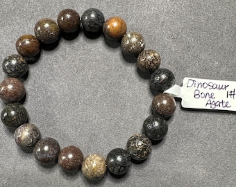 Pulseira de ágata com osso de dinossauro: contas de pedra preciosa de 10 mm, fóssil de Utah