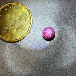 May include: A round, pink gemstone with a star-like pattern, next to a gold Canadian dollar coin. The coin features a loon and the word "DOLLAR". The gemstone is a deep pink colour and appears to be polished.