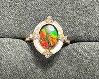 Ammolite Ring: Sterling Silver, 14K Rose Gold, Adjustable Band