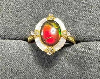 Ammolite Ring: Adjustable S925 Sterling Silver, 14K Gold Plated