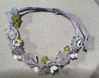 Handmade Pastel Crystal Macrame Adjustable  Bracelet, Raw Stone Floral Fairycore Jewelry