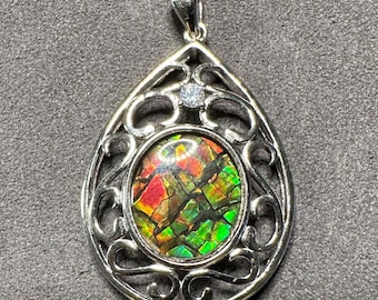 Natural Ammolite Sterling Silver Pendant: Dragon Scale Gemstone