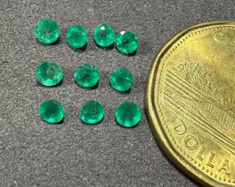 Rich Green Zambian Emeralds: Around 3mm Round Faceted Gemstones, 10 Piece Set