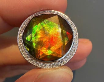 Natural Canadian Ammolite  925 Sterling Silver Pendant Cubic Zirconia Accents