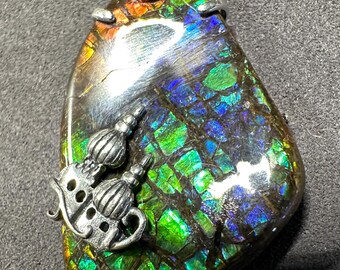 Natural Ammolite Sterling Silver Pendant Iridescent Dragon Scale Patterns
