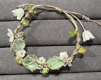 Handmade Floral Fairycore Green Crystal Macrame Adjustable Bracelet Woodland Cottagecore Jewelry,  Nature Inspired