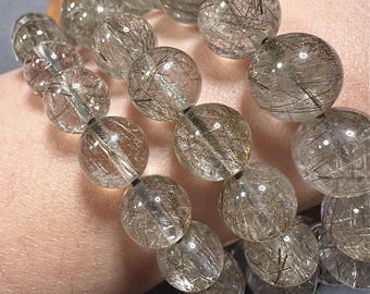 Silver Rutilated Quartz Bracelet: Gem Grade Round Beads