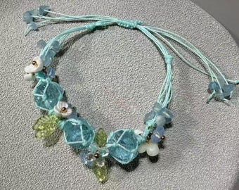Floral Macrame Crystal Adjustable Bracelet, Fairycore Beaded Jewelry, Pastel Boho Woven Bracelet