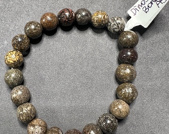 Pulseira de ágata com osso de dinossauro: contas de pedra preciosa de 9 mm, fóssil de Utah, 6,5 polegadas