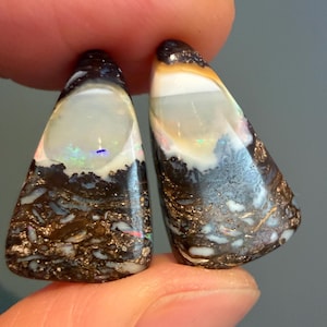 Natural Australian Solid Boulder Opal Pair | Hand Polished Freeform | Double-Sided Triangle Gemstones