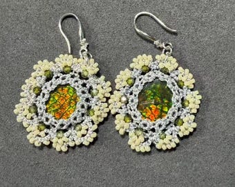 Handmade Tatted Lace Earring with Natural Ammolite | Iridescent Gemstone | Delicate Artisan Fiber Jewelry Gift
