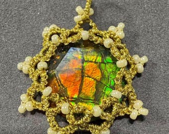 Handmade Tatted Lace Pendant with Natural Ammolite | Iridescent Gemstone | Delicate Artisan Fiber Jewelry Gift