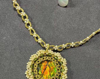 Handmade Tatted Lace Pendant with Natural Ammolite | Iridescent Gemstone | Delicate Artisan Fiber Jewelry Gift