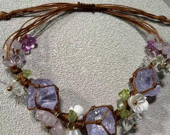 Handmade Floral  Fairycore Purple Crystal Macrame Adjustable  Nature Inspired Bracelet