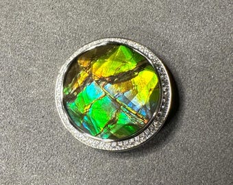 Natural Canadian Ammolite Pendant - 20mm Round Shape Ammolite Gemstone with 925 Sterling Silver