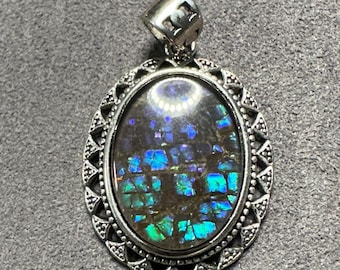Natural Ammolite Gemstone Pendant: Vintage Copper Setting, Iridescent Fossil