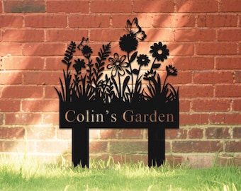 Personalized Garden Sign with Stake, Custom Metal Gardener Name Sign, Garden Decor, Yard Sign, Flower Design Sign, Porch Decor, Home Gift