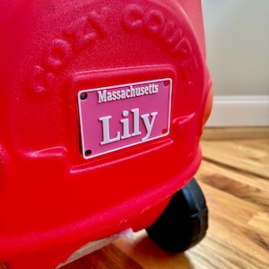Cozy Coupe Custom License Plate - Choose your own color and text! - Name plate for power wheels, wagon, bicycle, stroller, or anything else!