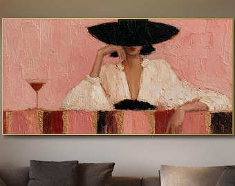 Large Woman Textured Wall Art Modern Pink Painting on Canvas Elegant Lady Wine Bar Painting Horizontal Large Living Room Wall Decor