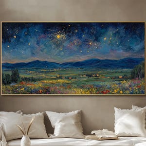 Original Impasto Wildflower Texture Wall Art Starry Night Landscape Oil Painting On Canvas Blue Gold Mountain Sky Art Living Room Wall Decor bild 1