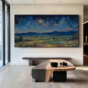 Original Impasto Wildflower Texture Wall Art Starry Night Landscape Oil Painting On Canvas Blue Gold Mountain Sky Art Living Room Wall Decor bild 10