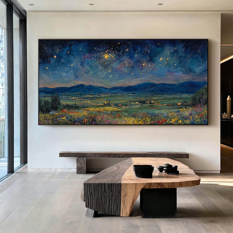 Original Impasto Wildflower Texture Wall Art Starry Night Landscape Oil Painting On Canvas Blue Gold Mountain Sky Art Living Room Wall Decor bild 10