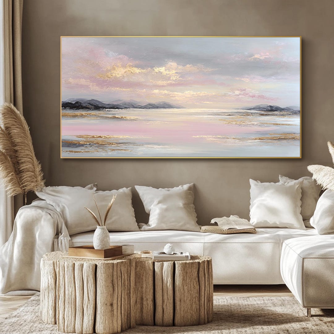 Pink Sunset Textured Wall Art Golden Abstract Painting on Canvas Large ...