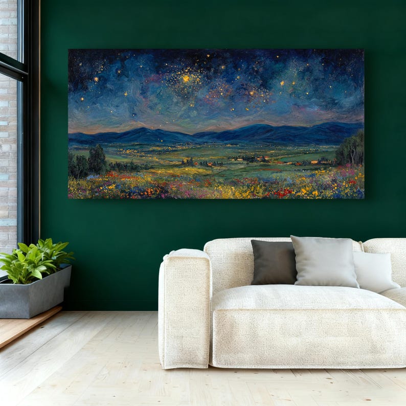 Original Impasto Wildflower Texture Wall Art Starry Night Landscape Oil Painting On Canvas Blue Gold Mountain Sky Art Living Room Wall Decor bild 11