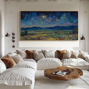 Original Impasto Wildflower Texture Wall Art Starry Night Landscape Oil Painting On Canvas Blue Gold Mountain Sky Art Living Room Wall Decor bild 4
